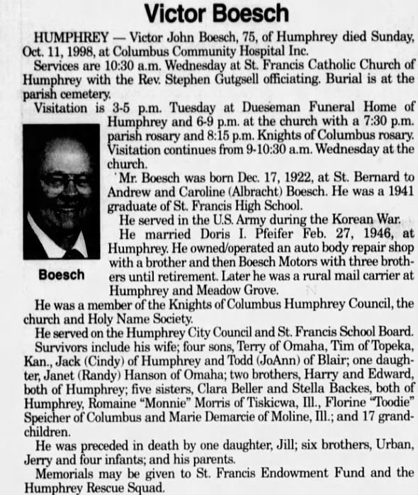 Obituary for Victor John Boesch, 1922-1998 (Aged 75)